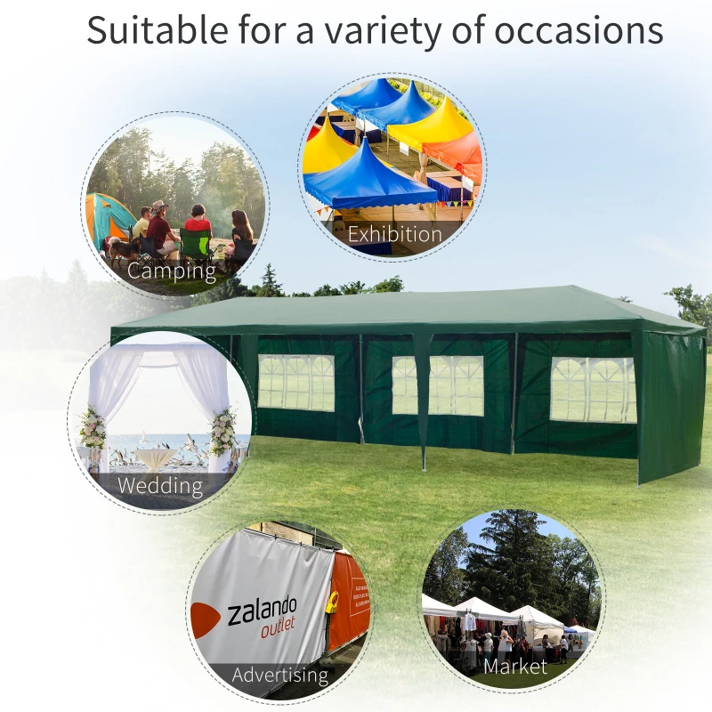 Outsunny 9 x 3 m Party Tent Gazebo Marquee Outdoor Patio Canopy Shelter with Windows and Side Panels Deep Green