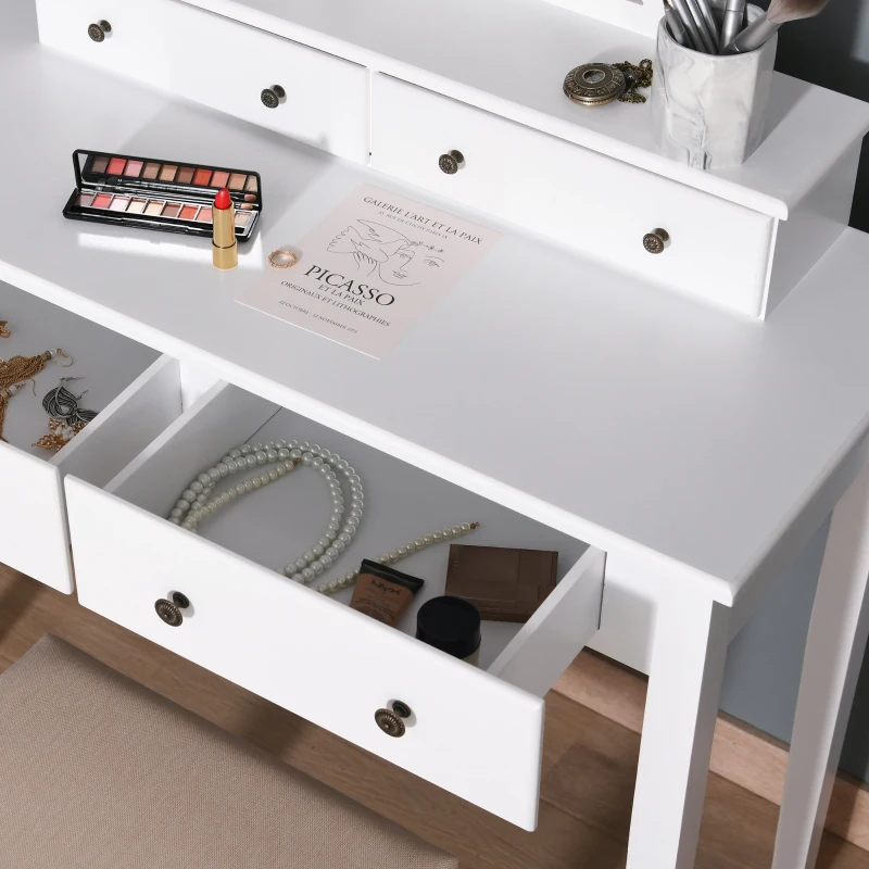 HOMCOM 4-Drawer Dressing Table & Stool Set w/ Moving Mirror Cushioned Seat Wood Legs Oval Makeup Vanity Dresser Desk White