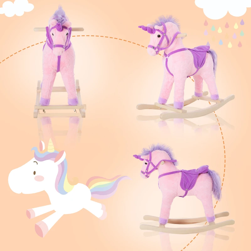 HOMCOM Kids Plush Rocking Horse Unicorn Neigh Button Wooden Base Ride On Toy Rocker with Handle Grip Traditional Toy Fun Gift for Age 3+