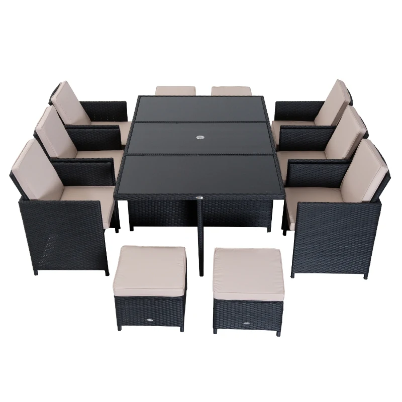 Outsunny Outdoor 11pc Rattan Garden Furniture Patio Dining Set 10-seater Cube Sofa Weave Wicker 6 Chairs 4 Footrests & 1 Table - Black