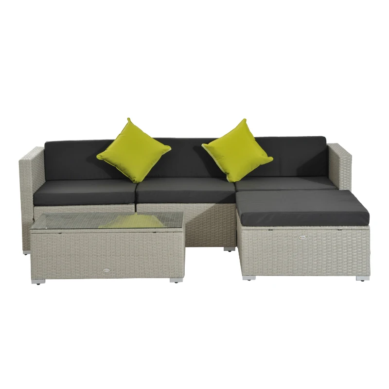 Outsunny 5 Piece Rattan Garden Furniture Set, Outdoor Corner Sofa with 67 cm Wide & Deep Seat, Sectional Outdoor Furniture Conversation Set with Cushions, Glass Top Coffee Table for Patio, Grey