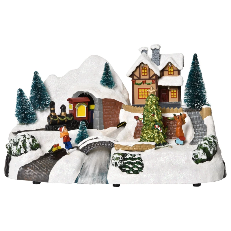 HOMCOM Prelit Christmas Musical Villages with Rotating Tree Animated Xmas Village with Sound Fibre Optic Transformer or Battery-Operated Festival Decoration for Tabletop