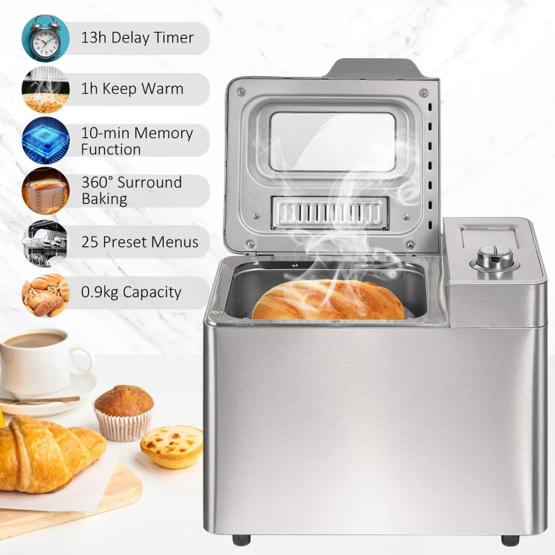 HOMCOM 25 in 1 Bread Maker Machine 0.9 KG Capacity Programmable Stainless Steel Dough Maker with Auto Fruit Nut Dispenser Nonstick Pan 3 Loaf Sizes 3 Crust Colours Keep Warm Time Delay, 550W