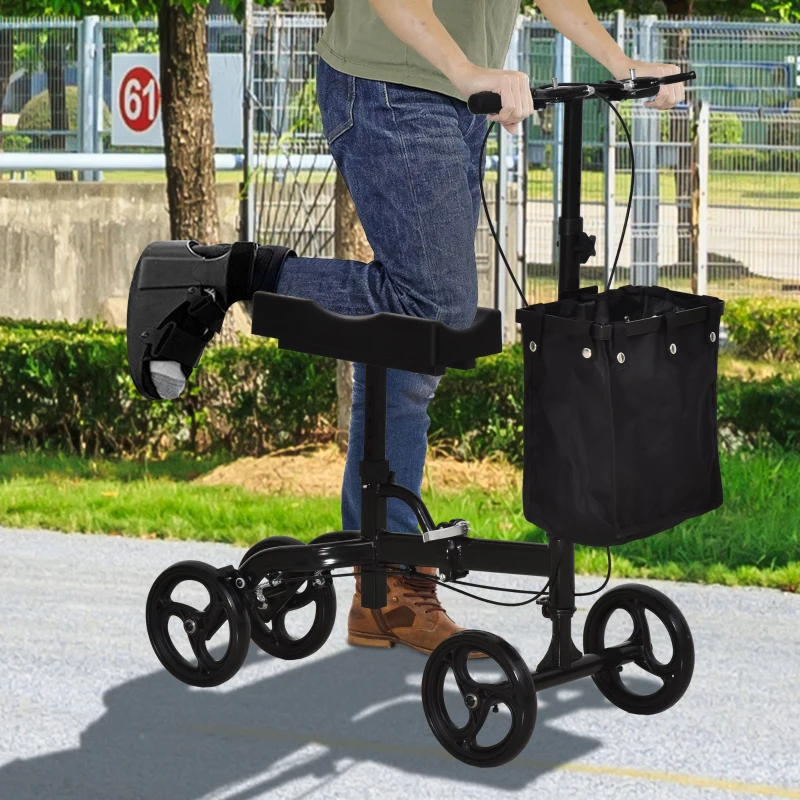 HOMCOM Metal Foldable Medical Knee Rest Rollators Walker Scooter W/ Storage Basket Black