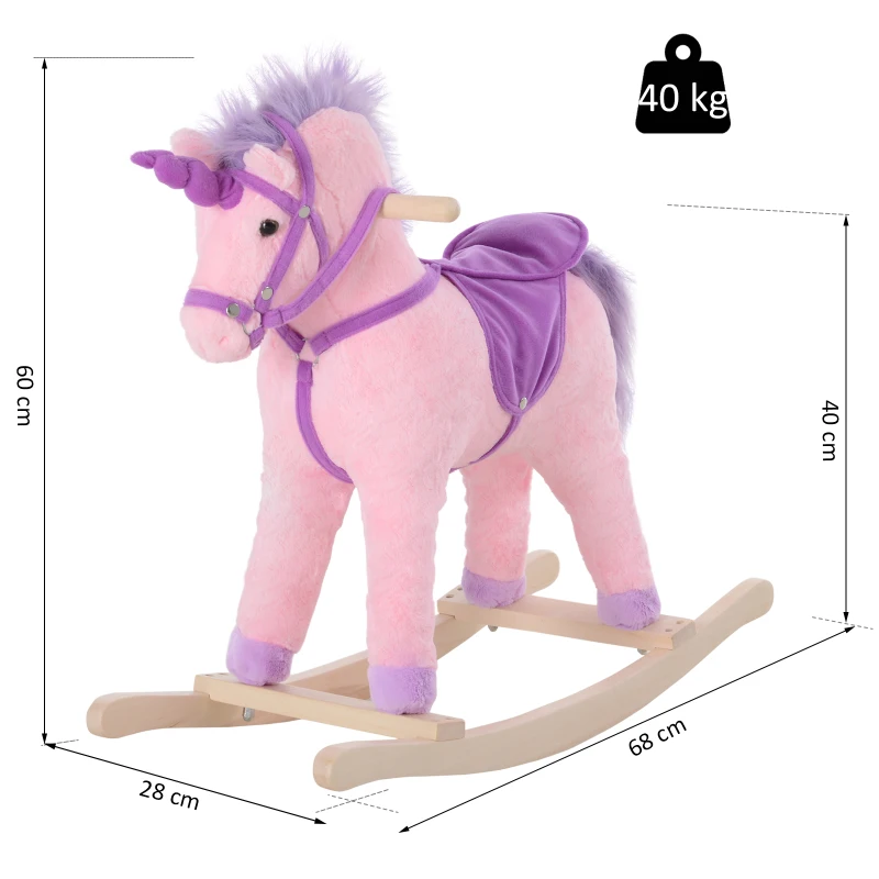 HOMCOM Kids Plush Rocking Horse Unicorn Neigh Button Wooden Base Ride On Toy Rocker with Handle Grip Traditional Toy Fun Gift for Age 3+