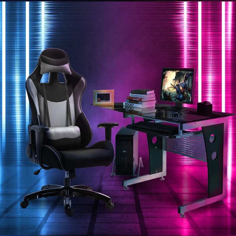 Vinsetto Racing Gaming Chair Reclining Rocker Office Swivel Adjustable Height Seat w/ Headrest, Lumbar Pillow Grey