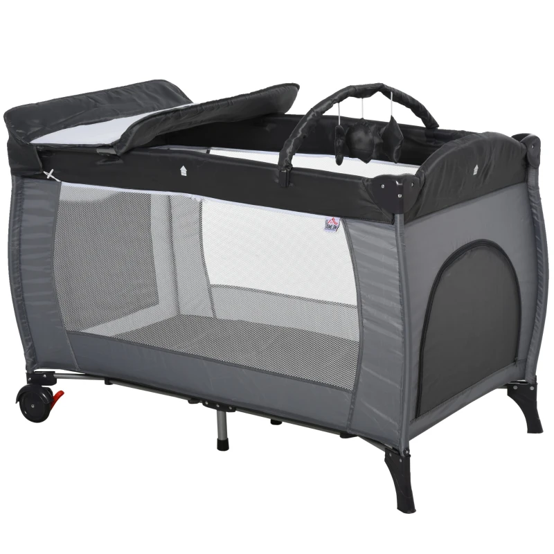 HOMCOM Portable Baby Infant Travel Cot Bassinet and Changing Top Metal Frame Mesh Panel Storage Pocket Locking Wheels 0-3 Yrs Grey