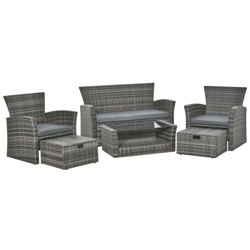 Outsunny 6 PCS Outdoor Patio Furniture Sets All Weather PE Rattan Chair Set Indoor Outdoor Backyard Garden Coffee Table w/ Two Ottoman & Cushions Grey