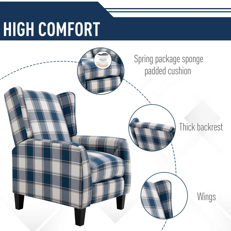 HOMCOM Plaid Reclining Armchair w/ Wood Frame Footrest Padding Ergonomic Metal Base Home Furniture Stylish Bedroom Living Room Blue