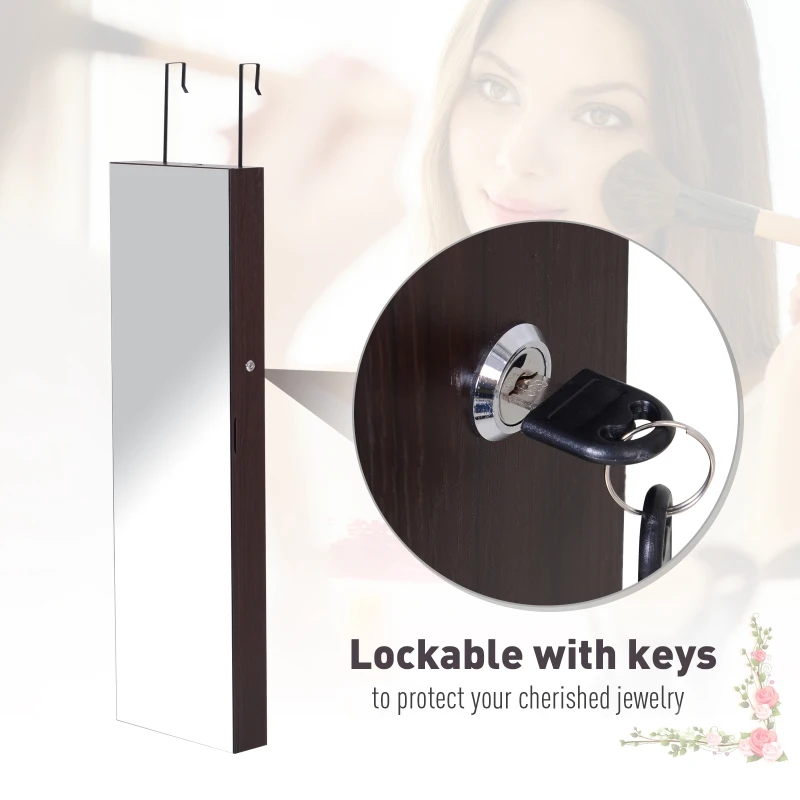 HOMCOM Jewelry Cabinet with Mirror and LED Lights, Lockable Makeup Cosmetics Jewellery Organiser, Mirror with Storage for Bedroom Dressing Room, Walnut