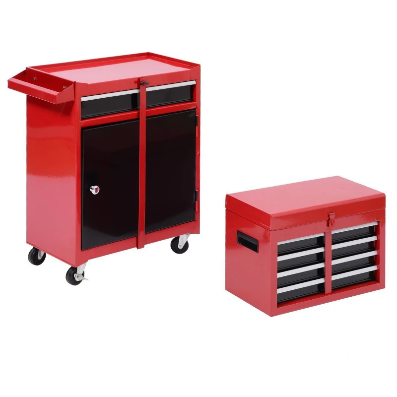 HOMCOM 2-in-1 Steel Garage Tool Storage Cart Rolling Wheeled Cabinet Organiser w/ Drawers Pegboard Cabinet Security Rod Red