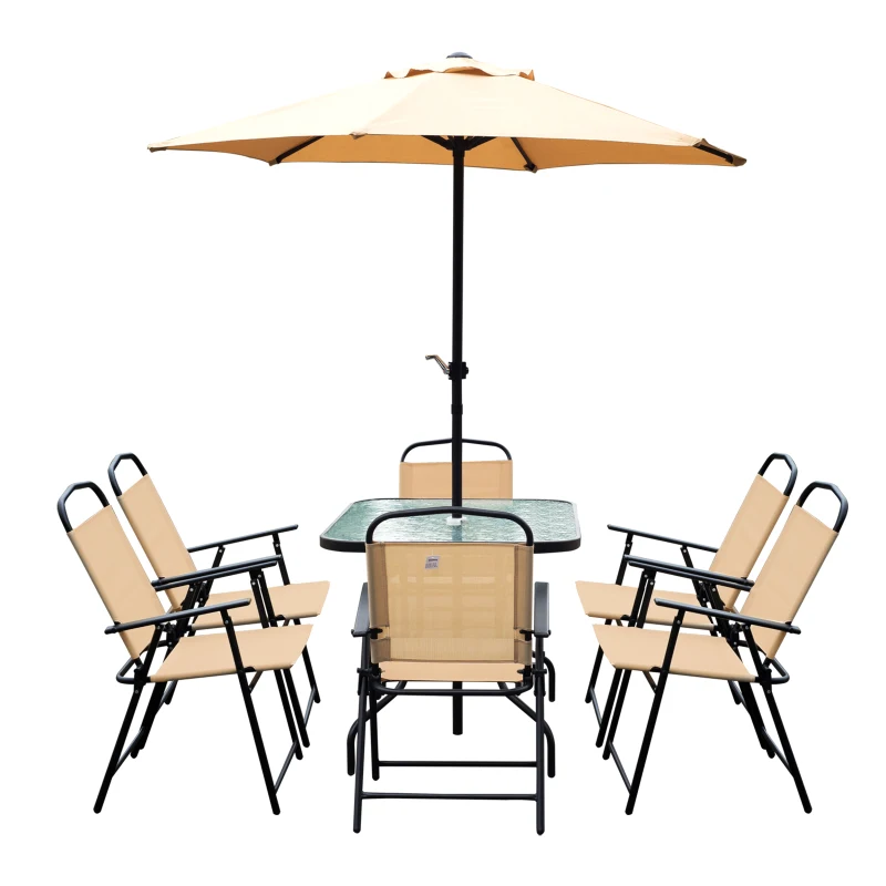Outsunny 8 Pieces Dining Set Furniture Foldable Chair Umbrella Table Beige Garden