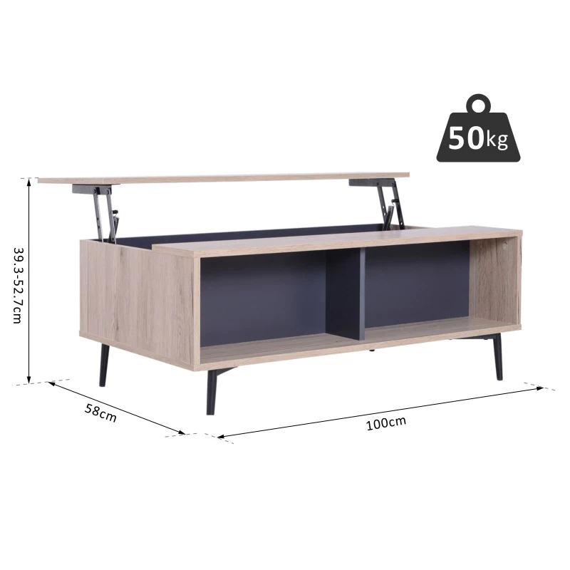 HOMCOM Lift Up Top Coffee Table, 100Wx58Dx39.3-52.7H cm-Natural Wood Grain Colour