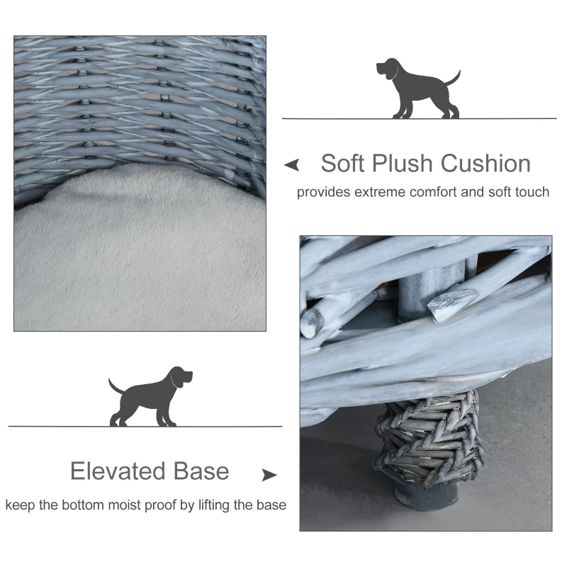PawHut 70x40cm Woven Wicker Dog Bed Basket Pet Cat Sofa w/ Cushion Elevated Base Stylish Furniture Small Grey