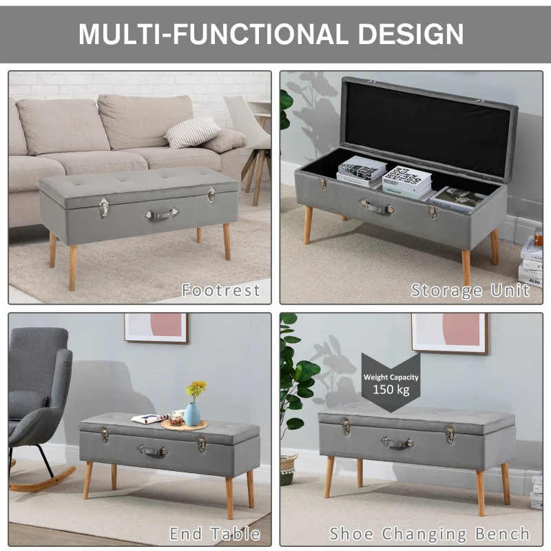 HOMCOM Elegant Velvet Footstool Storage Trunk Stool Silver Chest Ottoman Wood Legs Button Tufted Home Luxe Tidy Stylish Grey 40x52x107cm
