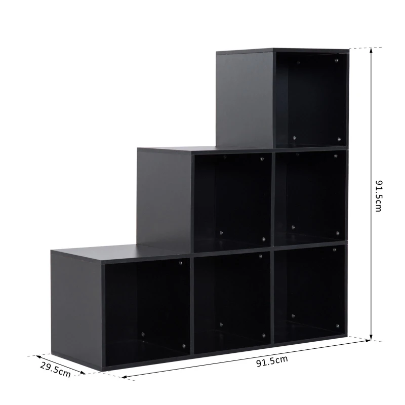 HOMCOM 3-tier Step 6 Cubes Storage Unit Particle Board Cabinet Bookcase Organiser Home Office Shelves Black