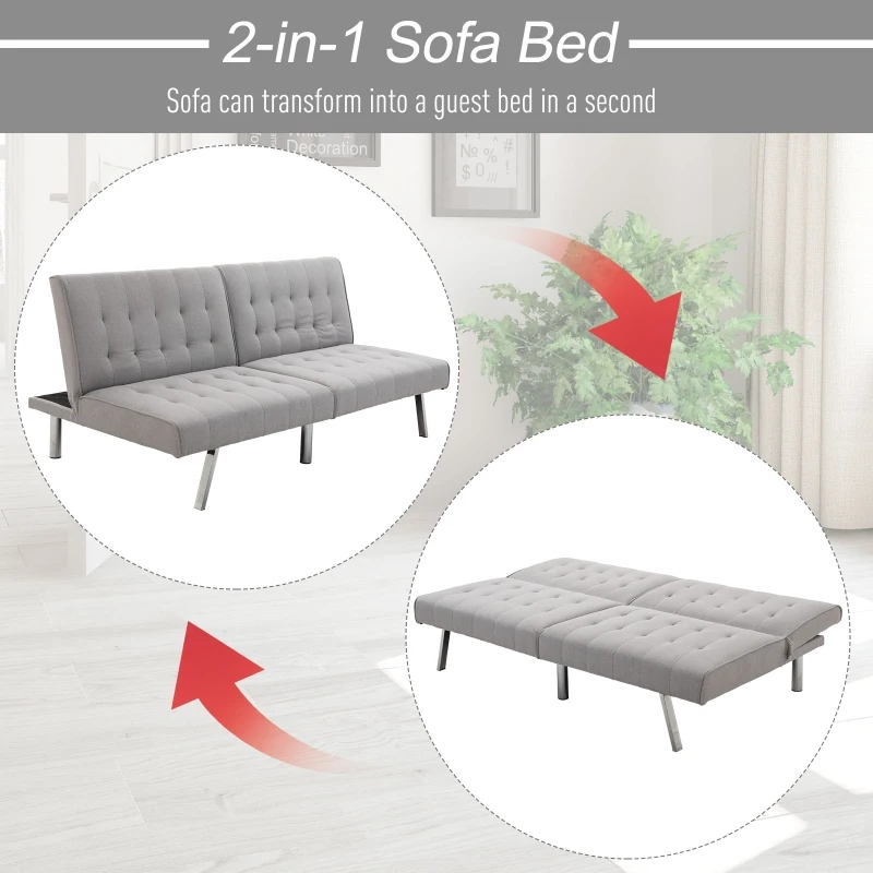 HOMCOM Two Seater Sofa Bed Futon Split Back Recliner W/Wood Frame, 98D x 181W x 79Hcm-Grey