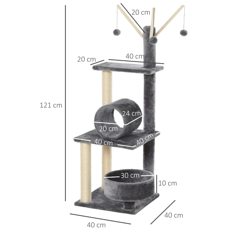 PawHut Cat Tree for Indoor Cats 121cm Kitten Tower Sisal Scratching Post Pet Activity Center Perch Condo Hanging Ball Grey