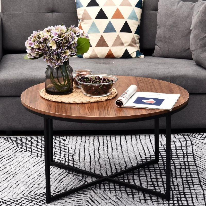 HOMCOM Round Industrial-Style Coffee Table - Wood-Effect