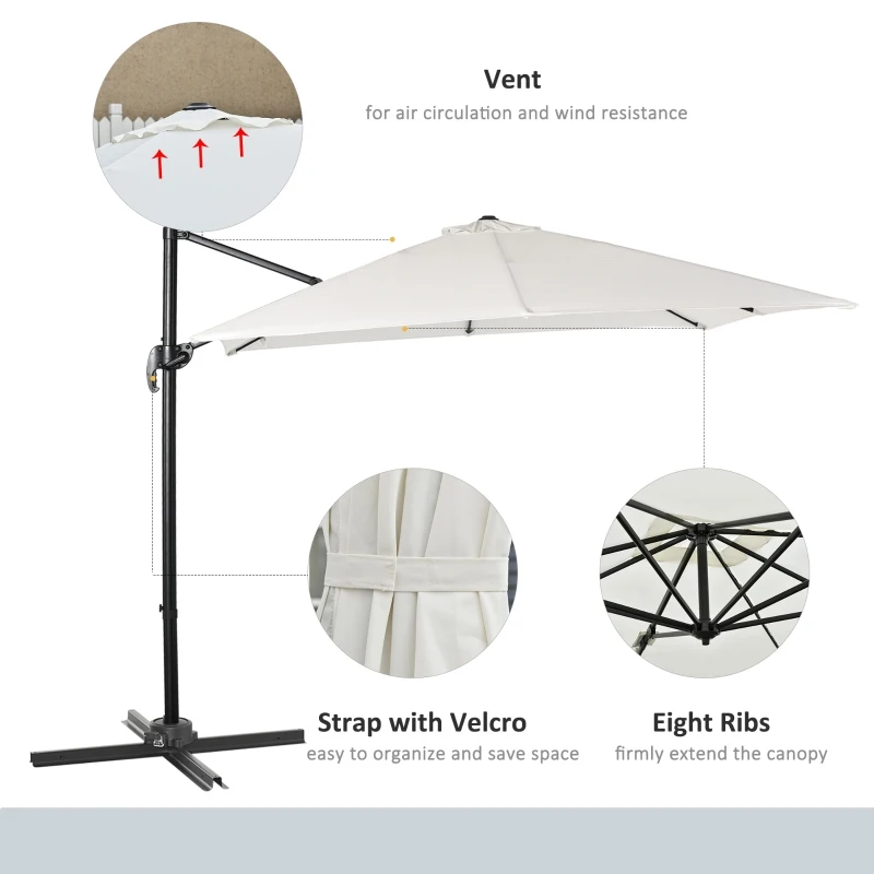 Outsunny 2.7 x 2.7 m Cantilever Parasol, Square Overhanging Umbrella with Cross Base, Crank Handle, Tilt, 360° Rotation and Aluminium Frame, Cream White
