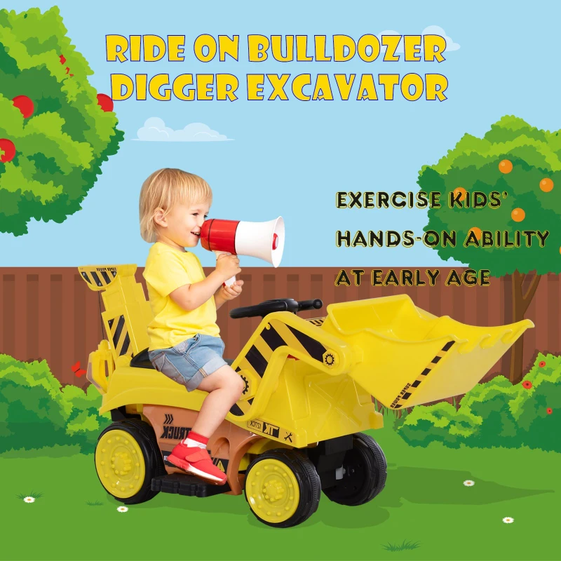 HOMCOM Kids Ride-On Digger Bulldozer Themed Car w/ Lights Horn Music Player and Moving Excavator Yellow