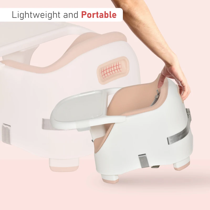 HOMCOM Baby Booster Seat for Dining Portable Toddler Feeding Chair  w/ 3 Point Harness Strap Height Adjustable Removable Cushion Detachable Tray Non-Slip Feet Pink