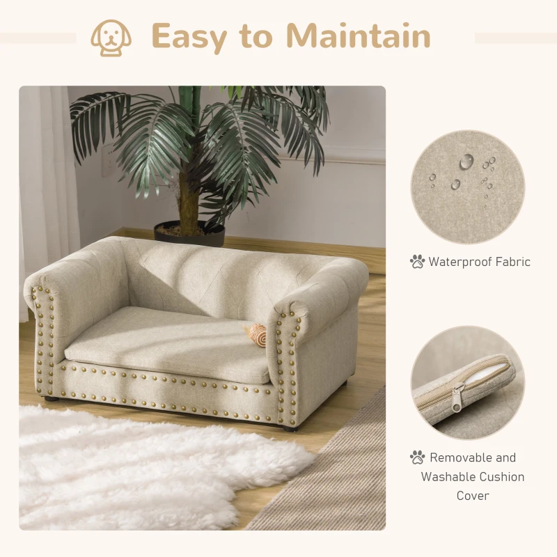 PawHut Dog Sofa with Soft Cushion, Pet Bed Cat Chair Couch with Water Resistant Fabric, Sponge Padded, Washable Cover, Easy Installation, Wooden Legs for Mini Sized Dogs - Khaki