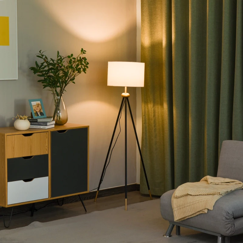 HOMCOM Modern Floor Lamp Free Standing Cloth Lampshade E27 Lamp Holder Metal Tripod Living Room Lamp Black + Gold 56 x 56 x 137cm