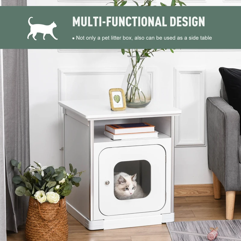 PawHut Wooden Cat Litter Box Enclosure Washroom Cave House Decorative End Table Cabinet Indoor with Magnetic Door White