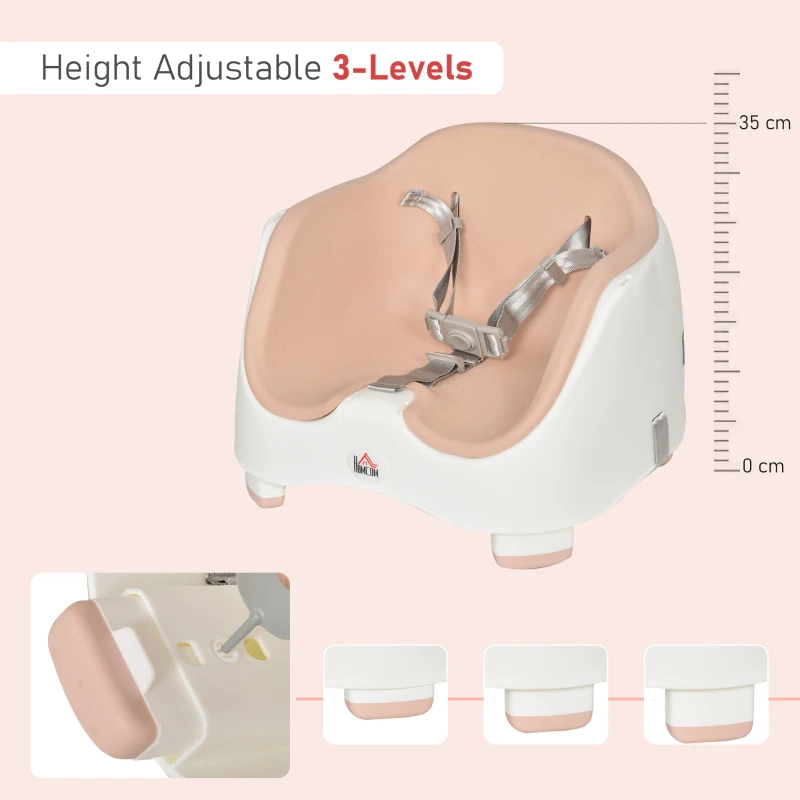 HOMCOM Baby Booster Seat for Dining Portable Toddler Feeding Chair  w/ 3 Point Harness Strap Height Adjustable Removable Cushion Detachable Tray Non-Slip Feet Pink