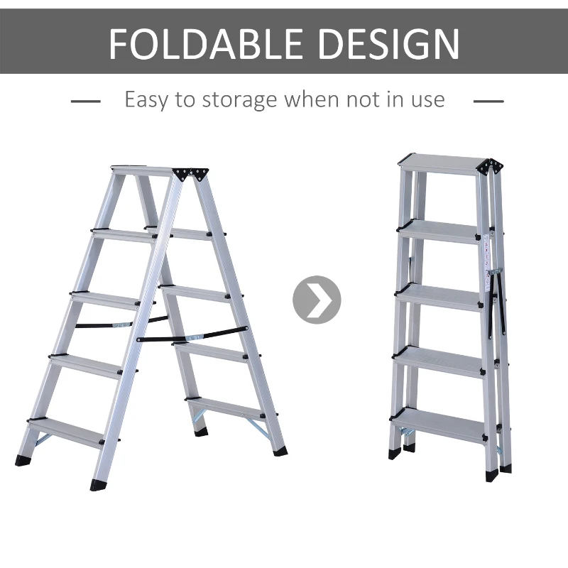HOMCOM Aluminium Double Sided Step Ladder Folding A-type Household Stepper (5 Steps)