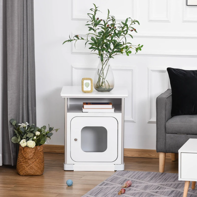 PawHut Wooden Cat Litter Box Enclosure Washroom Cave House Decorative End Table Cabinet Indoor with Magnetic Door White