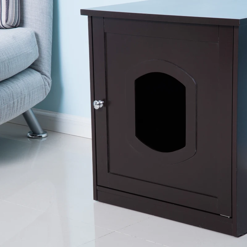 PawHut 2 in 1 Litter Box Enclosure Toilet Wooden Cat House Litter Tray Cover Pet Bed Home Furniture for Living Room Bedroom 51 x 48 x 51 cm (Dark Brown)