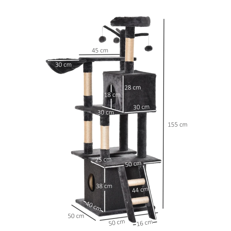 PawHut Cat Tree Tower for Indoor Cats 150cm Climbing Kitten Activity Center with Sisal Scratching Post Perch Hanging Ball Toy Hammock Ladder Double Condo Dark Grey
