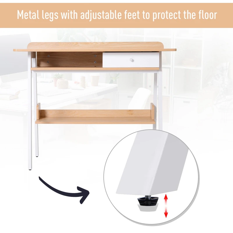 HOMCOM Metal Frame Computer Desk Office Workstation  w/Drawer Shelf White