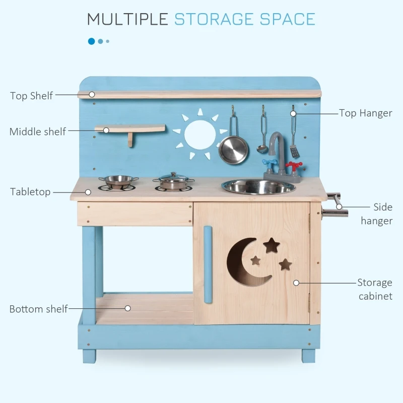 Outsunny Kids Kitchen Playset with Pretend Pots and Pans for 3+ Years Old