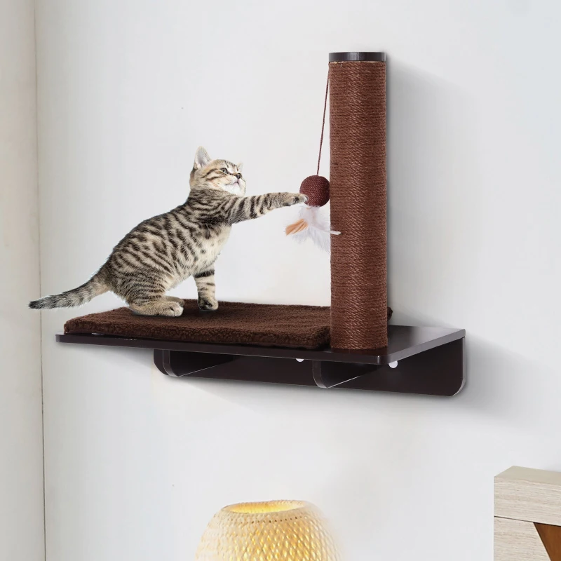 PawHut Cat Wall-Mounted MDF Hemp Rope Scratching Post Shelf Brown