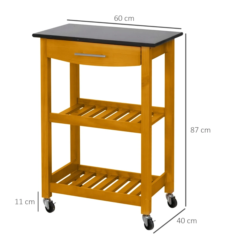 HOMCOM Marble Top 3-Tier Rolling Kitchen Storage Island Oak Tone