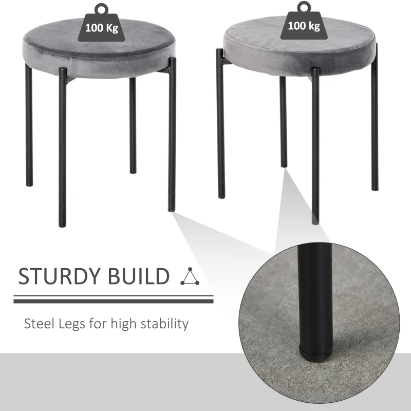 HOMCOM Backless Stackable Dining Stools Velvet-Touch Fabric Upholstered Round Chair with Steel Legs, Set of 4, Grey