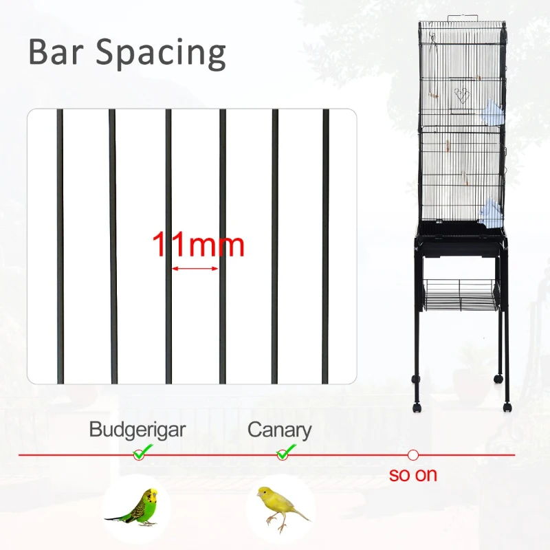 PawHut Large Metal Bird Cage with Breeding Stand Feeding Tray Wheels for Canary, Finch, Parakeet, Budgerigar, Black, 47.5 L x 37 W x 160 H (cm)