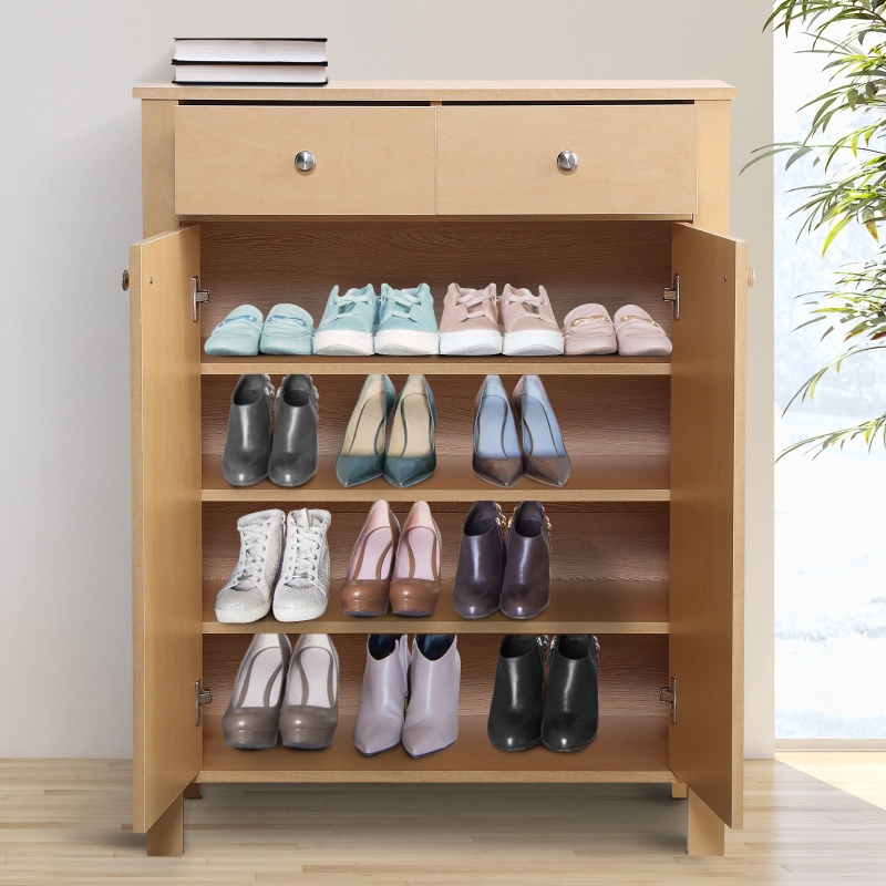 HOMCOM Shoes Cabinet, 2-Doors, 16 Pairs, 80Wx34Dx104H cm-Natural Wood Colour