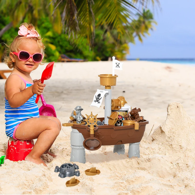 HOMCOM Pirate Ship Theme Sand and Water Table Beach Toy Set 2 in 1 Outdoor Activities Playset for Kids with Accessories 26 Pcs Garden Sandpit Sandbox for Beach Bath 3 Years Old Toddlers