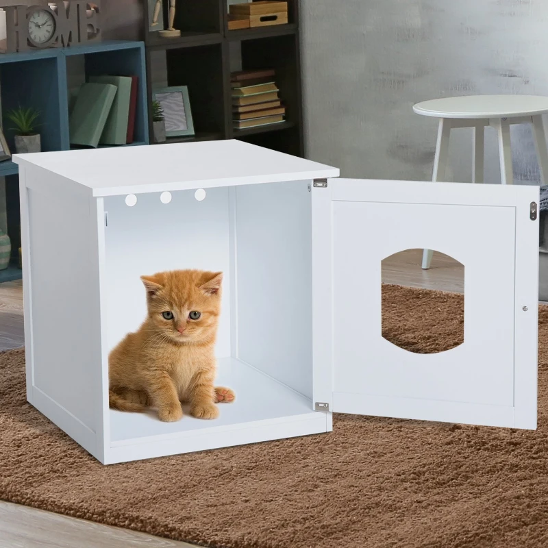 PawHut 2 in 1 Litter Box Enclosure Toilet Wooden Cat House Litter Tray Cover Pet Bed Home Furniture for Living Room Bedroom 51x51x50.5cm (White)