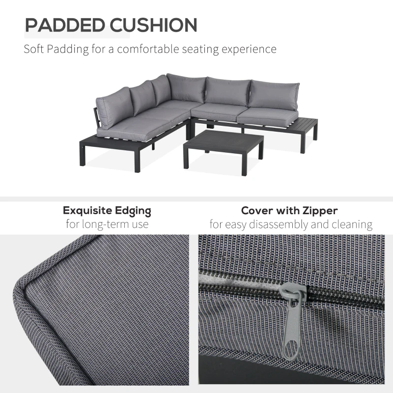 Outsunny 4 Pieces L-shape Aluminium Garden Corner Sofa Set with Padded Cushions Outdoor Furniture with Coffee Table for Patio Backyard Grey