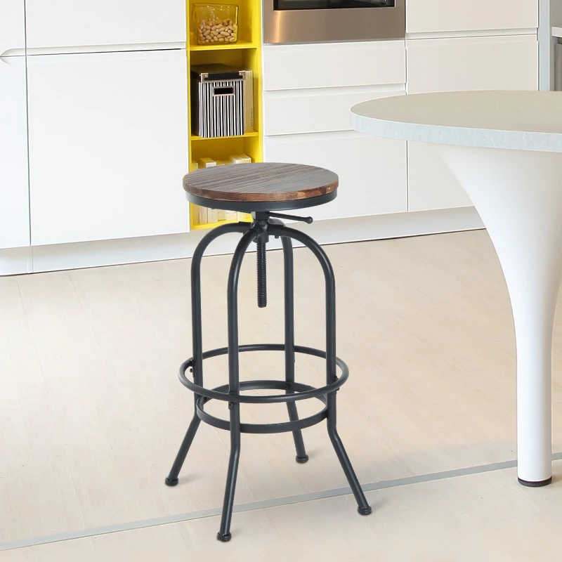HOMCOM Vintage Industrial Bar Stool Height Adjustable Swivel Chair  Metal Foot and Wood Surface (TypeA)