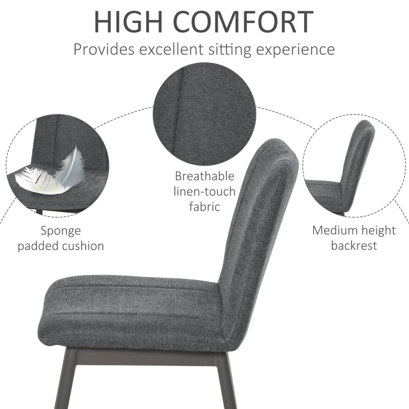 HOMCOM 2 Pieces Armless Mid Back Dining Chair Leisure Fabric Upholstered Padded Seat with Metal Legs for Living Room, Bedroom, Dorm, Office, Dark Grey