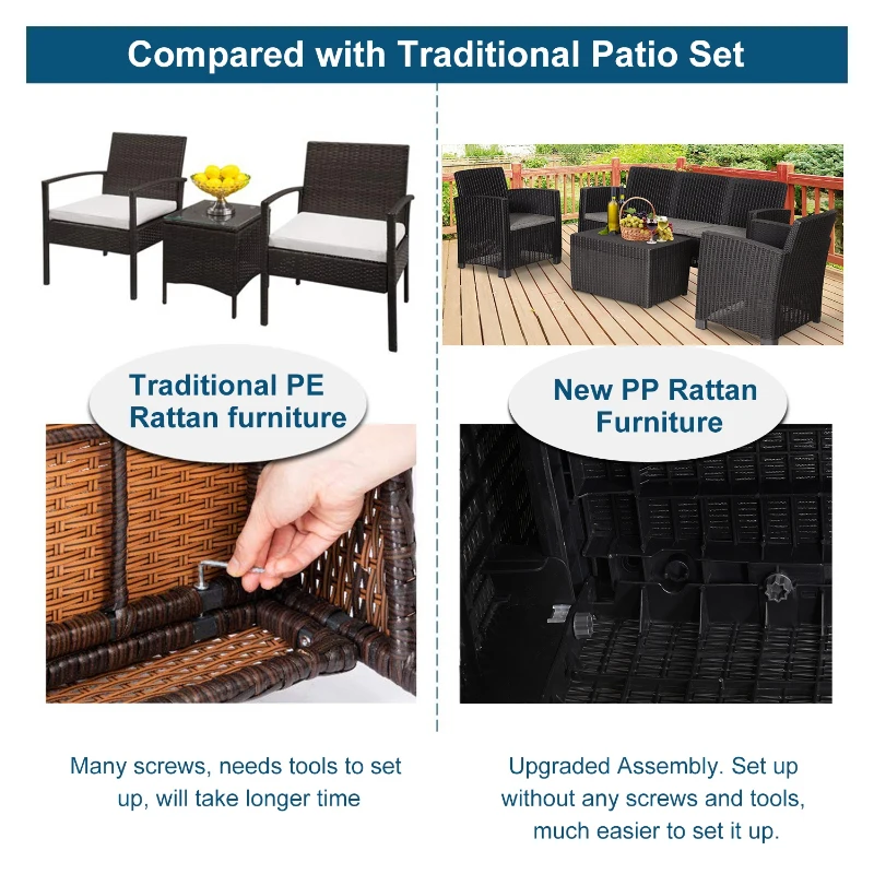 Outsunny Garden PP Rattan Style Sofa Table Set 5 Seater Outdoor Patio 2 Single Chairs & 1 Bench Conservatory Furniture Cushioned - Black