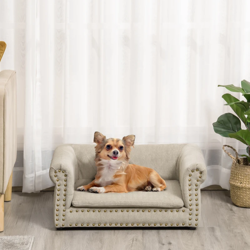 PawHut Dog Sofa with Soft Cushion, Pet Bed Cat Chair Couch with Water Resistant Fabric, Sponge Padded, Washable Cover, Easy Installation, Wooden Legs for Mini Sized Dogs - Khaki