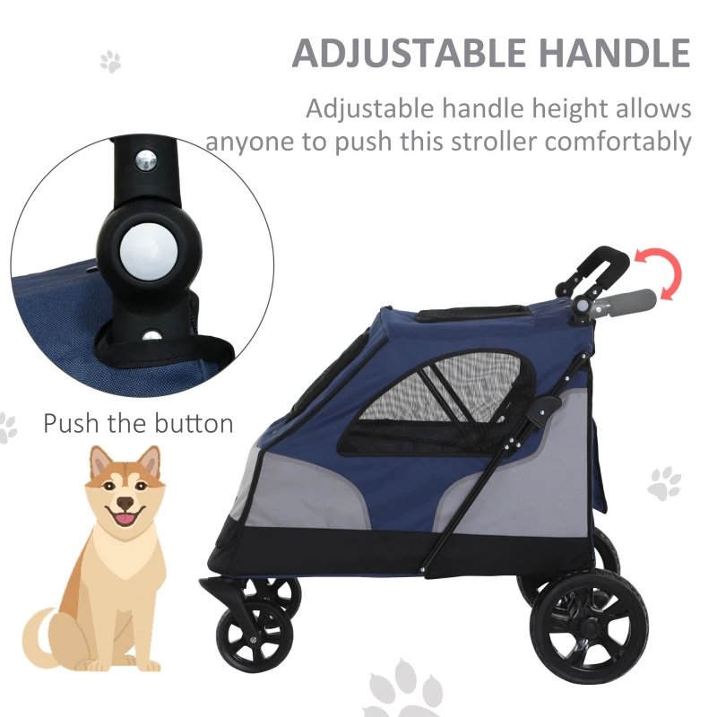 PawHut Dog Stroller Foldable Pet Trolley Pushchair Carrier Adjustable Handlebar for Medium Large Dogs Blue