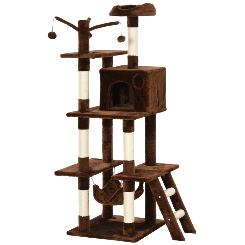 PawHut Cats 5-Tier Sisal Rope Leisure Tree w/ Dangle Toy Brown